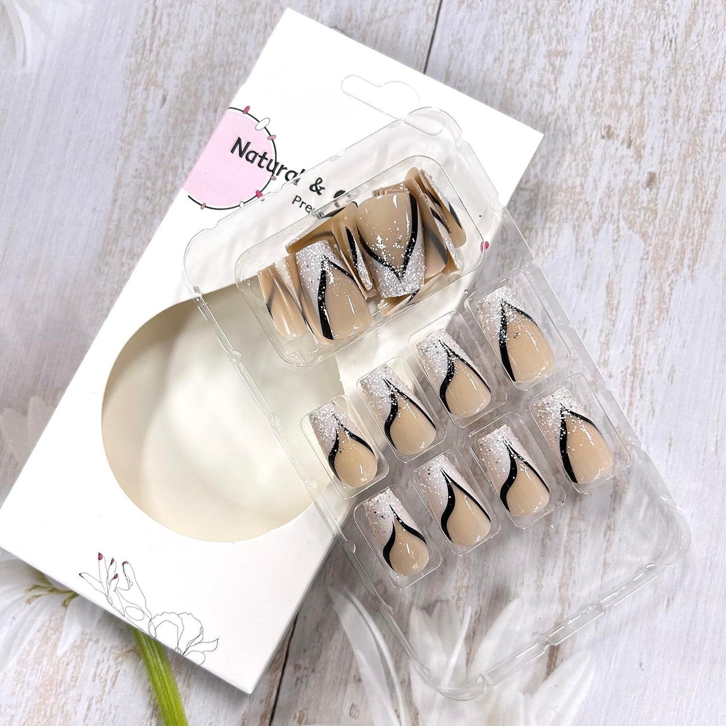 CJDLTS White French Tip Press on Nails Medium Ballet Shaped Nails Glitter Powder Design False Nails Artificial Stick on Nails Press Nails with Design Black Stripe Acrylic Glue on Nails for Women 24Pcs