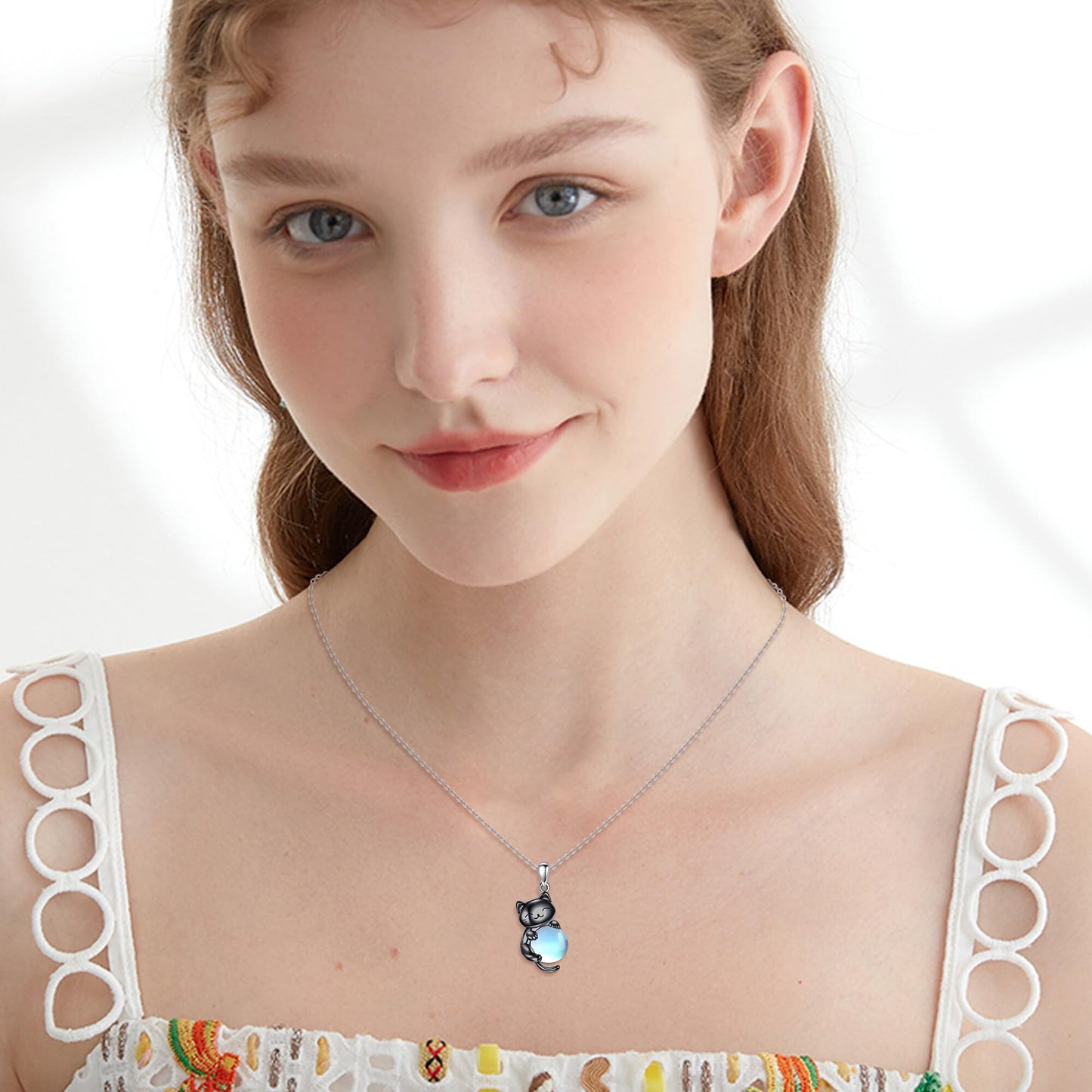 YAFEINI Cat Necklace 925 Sterling Silver Moonstone/Rose Quartz Pendant Jewelry for Women Cat Lovers (Moonstone)