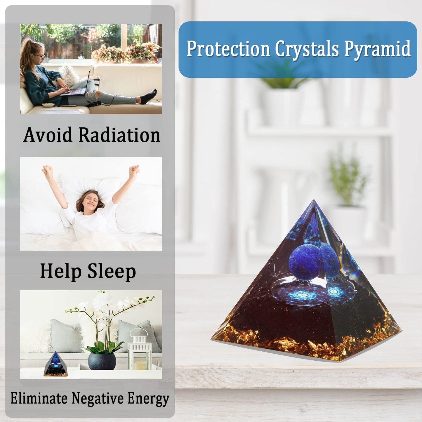 Orgone Pyramid, Lapis Lazuli Healing Crystal Pyramid and Orgonite Healing Stones, Protection Crystal Energy Generator for Meditation, Stress Reduce, Yoga