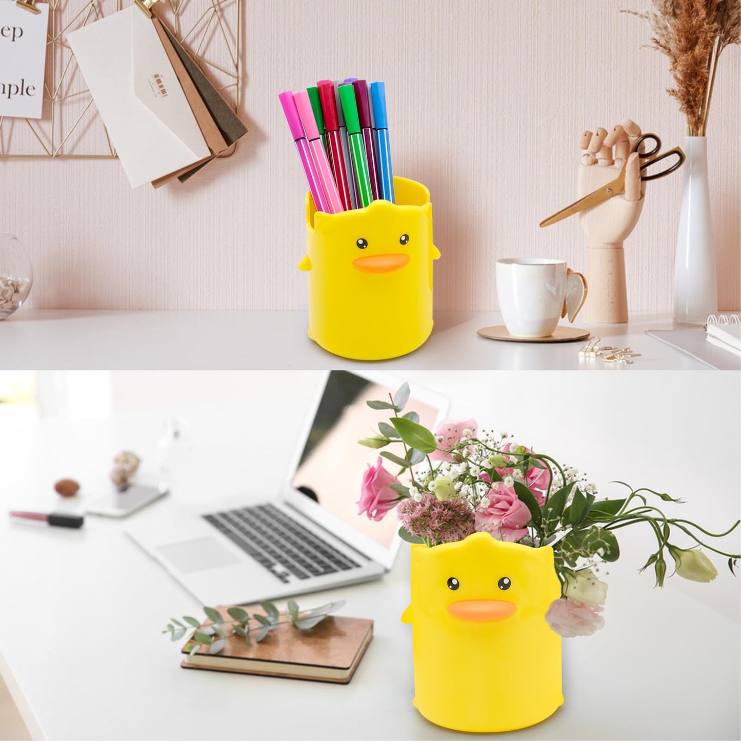 inheming 2 Pcs Pencil Holder for Kids, Cute Cartoon Little Yellow Duck Pen Holder, Multifunctional Phone Holder Makeup Brush Holder Stationery Storage Cup