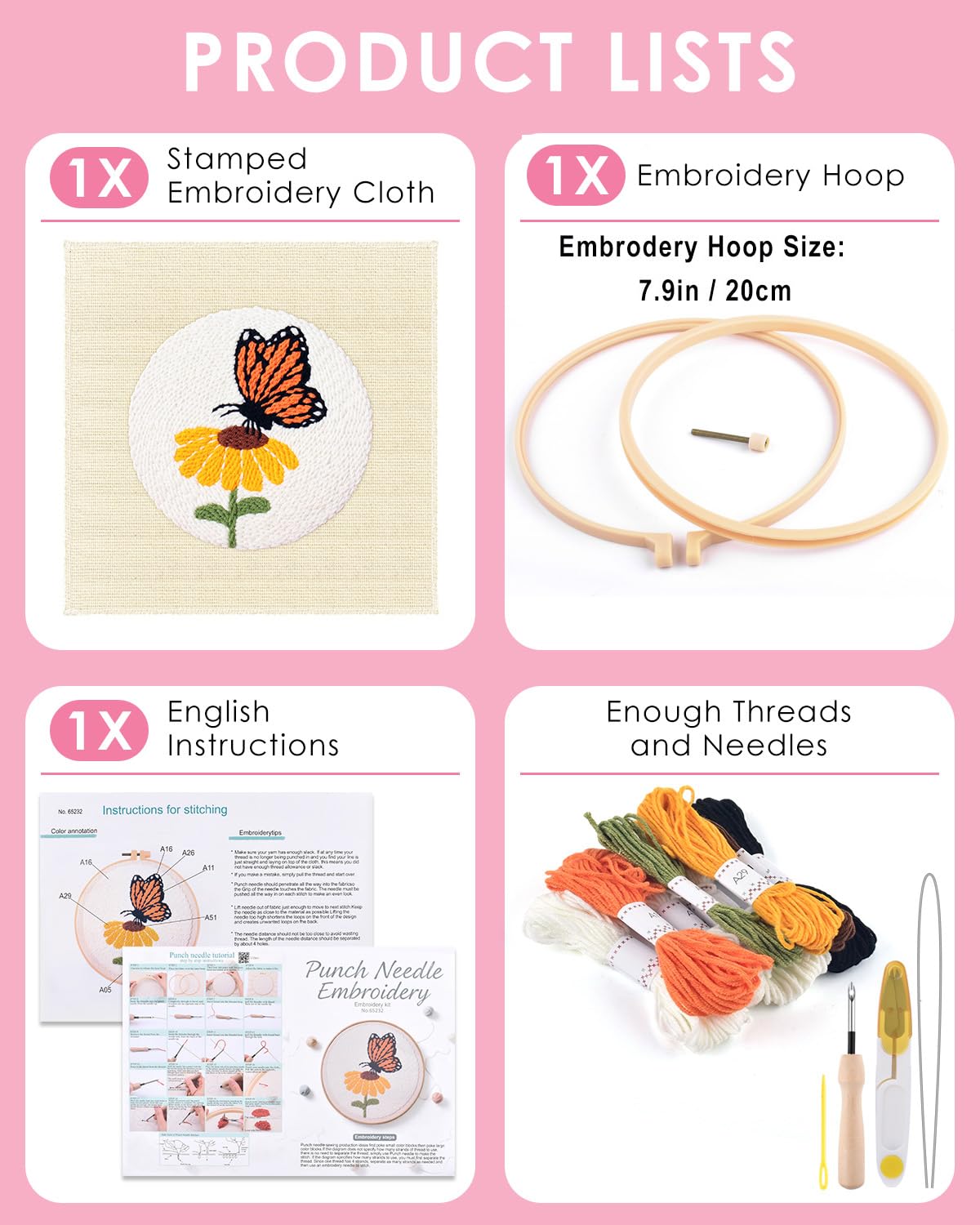 TINDTOP Punch Needle Kits, DIY Punch Embroidery Kits for Adults Beginner, Tool with Punch Needle Fabric, Hoops, Yarns and Sewing Needles (Set A)