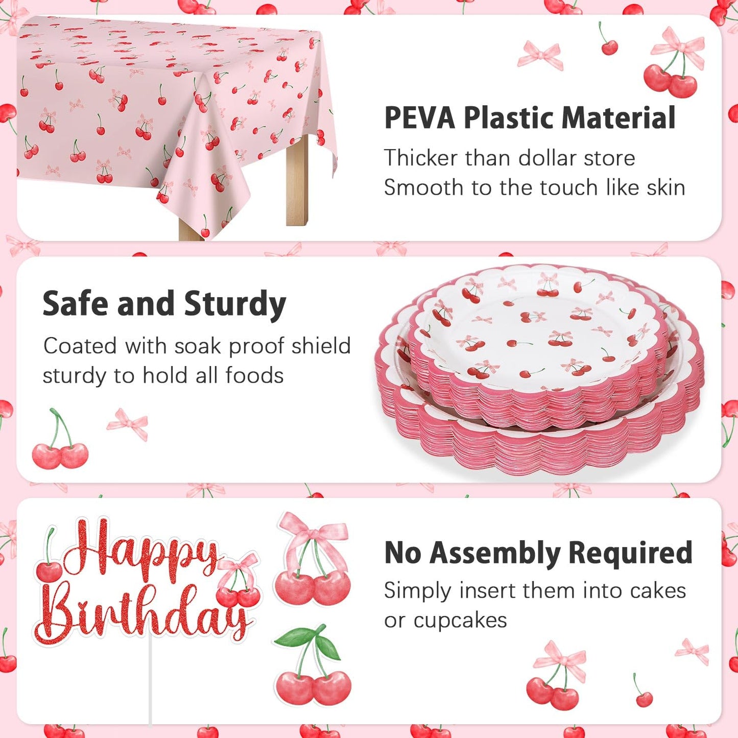 Cherry Birthday Decorations, 182Pcs Cherry Plates Napkins Cups Forks Tablecloth Banner Hanging Swirls Cupcake Toppers and Ballons for Cherries Themed Party Decorations
