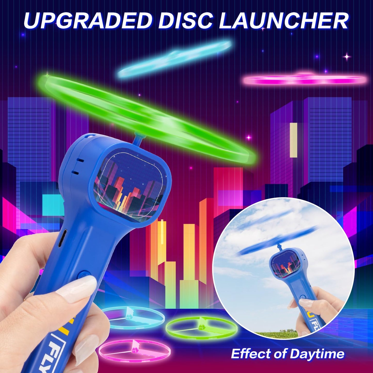 HOMQYTE Rechargeable Disc Launcher with 6 Flying Spinners for Outdoor Activities Game White Elephant Gift Fidget Toys (Blue)