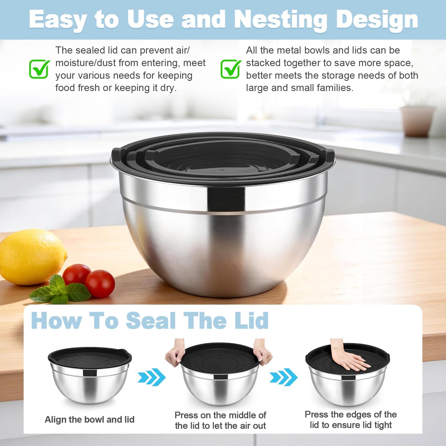 TeamFar Mixing Bowls, Stainless Steel Nesting Salad Bowls with Airtight Lids Set, For Serving/Mixing/Storing, Healthy & Long-lasting, Dishwasher Safe & Easy Clean, 4.6/3 / 1.5 QT, Black