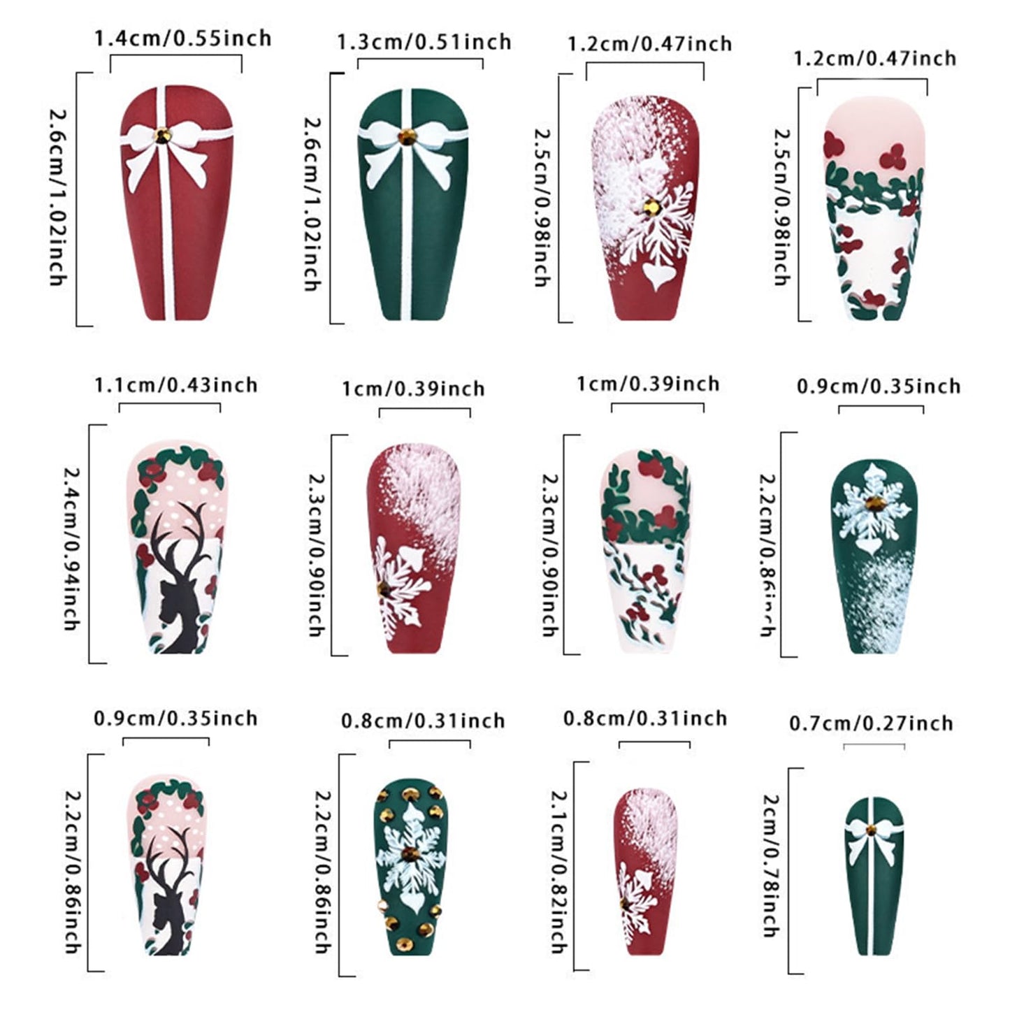 Christmas Press on Nails Medium Coffin Fake Nails With Elk Snowflake Bow Designs Xmas Red Green Matte False Nails Full Cover Stick on Nails Winter Artificial Nails for Women Glue on Nails 24 Pcs