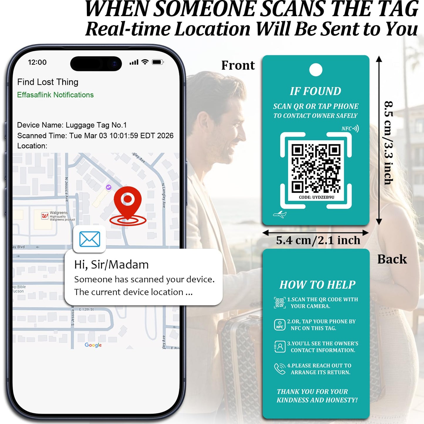 Luggage Tag with NFC & QR Code - Find My Bag Tracker, No App Needed, Scan QR or Tap NFC to Contact Owner, Real-Time Location Alert Upon Scan to Email, One-Time Purchase No Subscription - Teal 2pcs