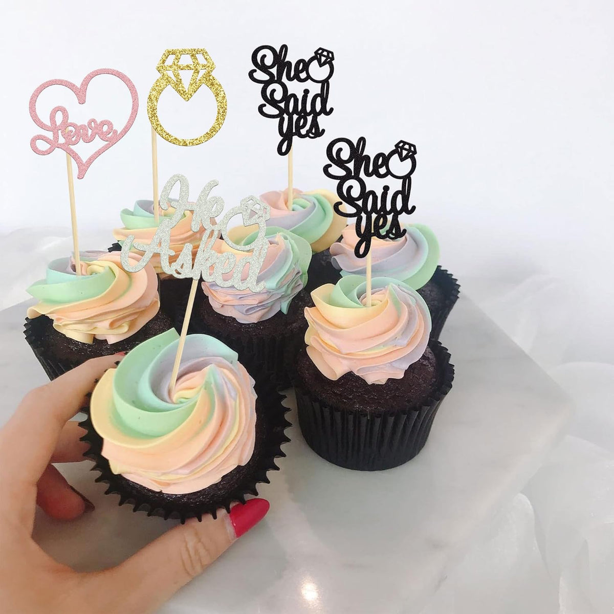 Gyufise 24 Pack Multicolor Glitter He Asked She Said Yes Cupcake Toppers Diamond Ring Heart Cake Picks for Wedding Engagement Party Table Decorations