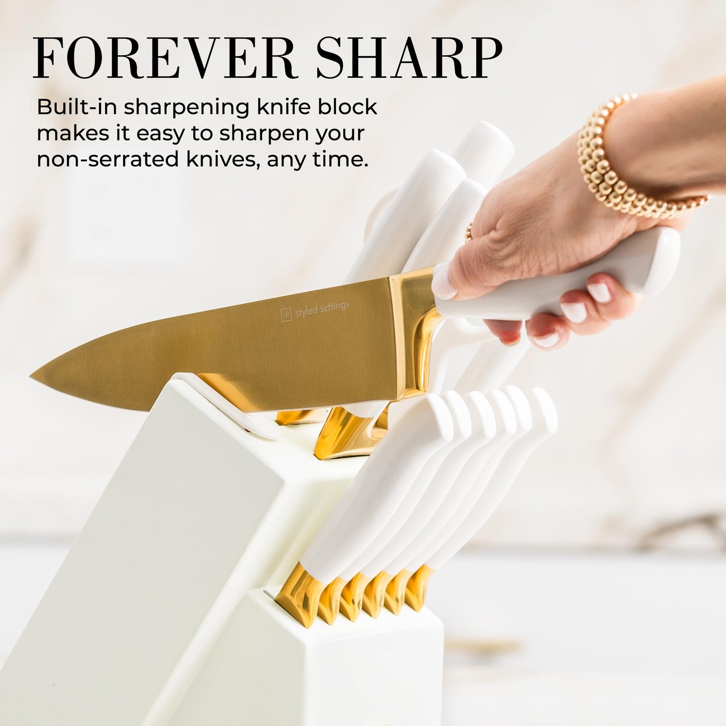 White and Gold Knife Set with Block - 14-Piece White Knife Set with Block and Built-In Sharpener – Titanium-Coated High Carbon Stainless Steel Blades - Gold Kitchen Accessories - Great for Gifting