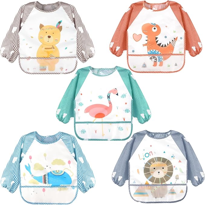 Accmor Long Sleeve Baby Bibs, Waterproof Sleeved Bibs Smock for Toddler Baby Girls Boys Eating Feeding