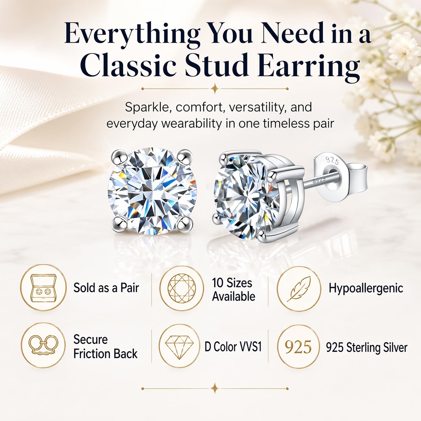 Impalsory Moissanite Stud Earrings 1.2CT 7mm for Women Men, 925 Sterling Silver Hypoallergenic Earrings, 18K White Gold Plated, Secure Friction Back, Brilliant Round Cut D Color VVS1