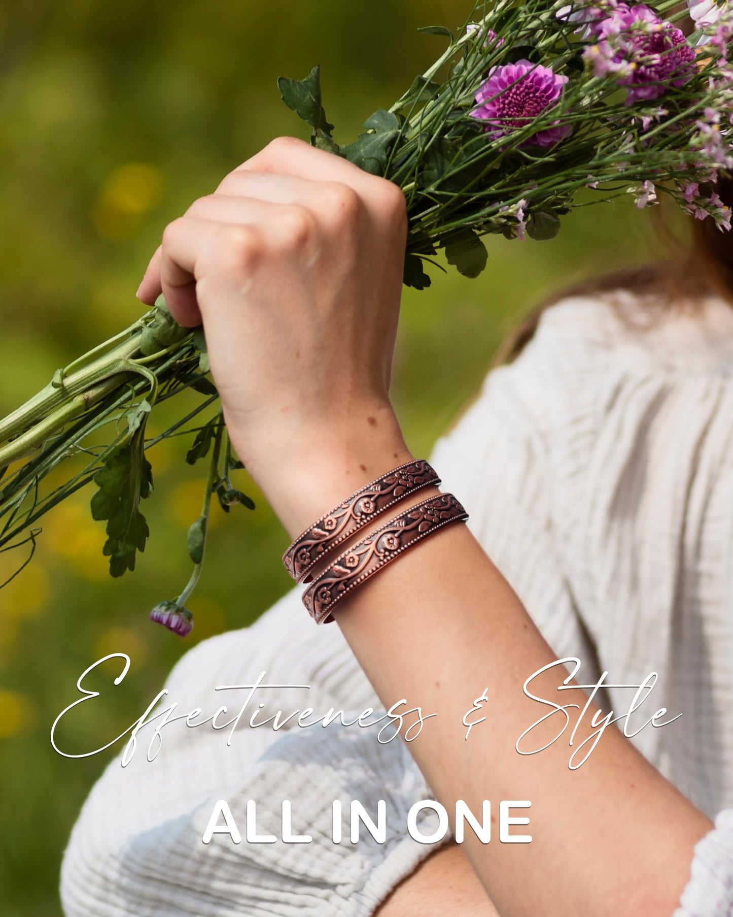 Feraco Copper Bracelet for Women, 11X Ultra Strength Magnetic Bracelets, 99.99% Pure Copper Cuff Bangle with 3500 Gauss Neodymium Magnets, Adjustable, Vintage Flower Collection (Set of 2)