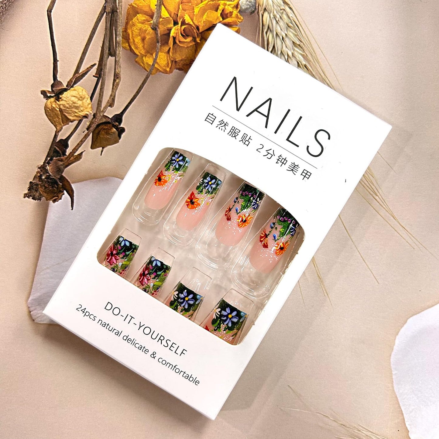 TBRZTR Flower Fake Nails Square Press on Nails Medium Colorful Daisy Pattern Design Spring Flower False Nails Full Cover Artificial Nails Press Nails with Charm Acrylic Glue on Nails for Women