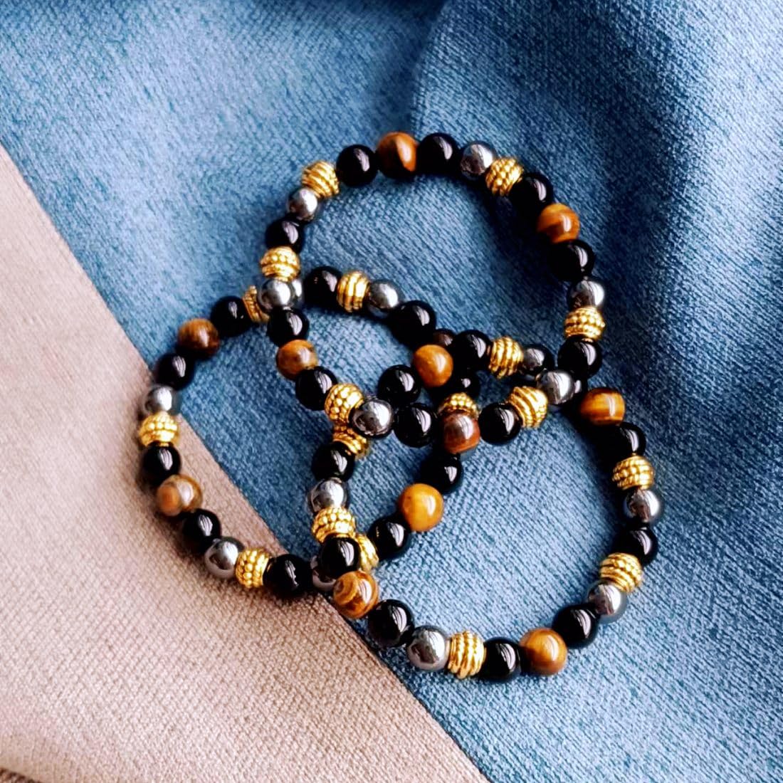 WEFRIN Triple Protection Bracelet for Bring Luck and Prosperity Hematite Black Obsidian Tiger Eye Stone Bracelets for Men Women, Beaded Buddha Healing Rope Uni Bracelet (2pcs) (E)