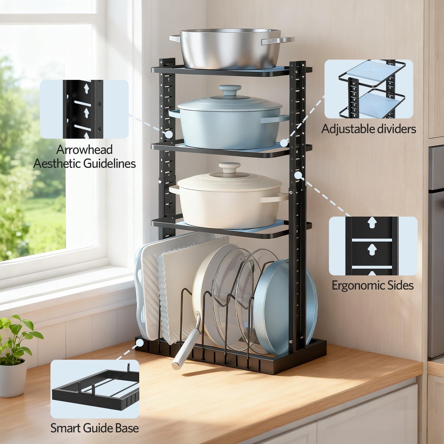 LAMU Pots and Pans Organizer for under Cabinet, Heavy-Duty Pot Pan Organizers inside Cabinet for Cast Iron Pan, 25.2" Adjustable Height for Pot Lid Holder Accommodates 9 Cookware, Black