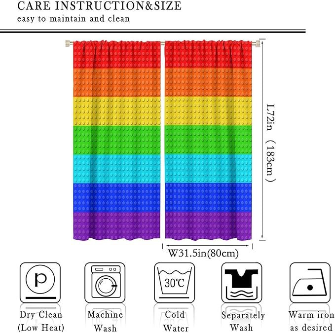 Colorful Building Block Toy Curtain Rod Pocket Children's Nursery Rainbow Contour Plastic Toy Brick Geometric Print Pattern Curtain Boys Girls Bedroom Playroom 2 Panels 63x72in