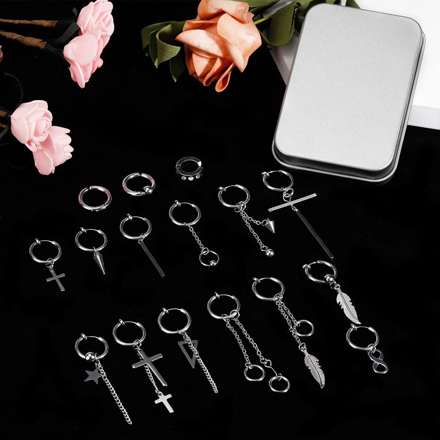 ONESING 20 Pcs Mens Dangle Earrings Stainless Steel Dangle Hoop Earrings