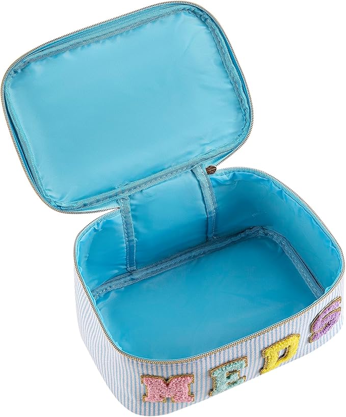 uekeboag Personalized Chenille Letter Seersucker MEDS Makeup Bag,Large Size Medicine RX Cosmetic Bag with Top Handle, First Aid Travel Organizer Bag for Women Girls(01Blue)