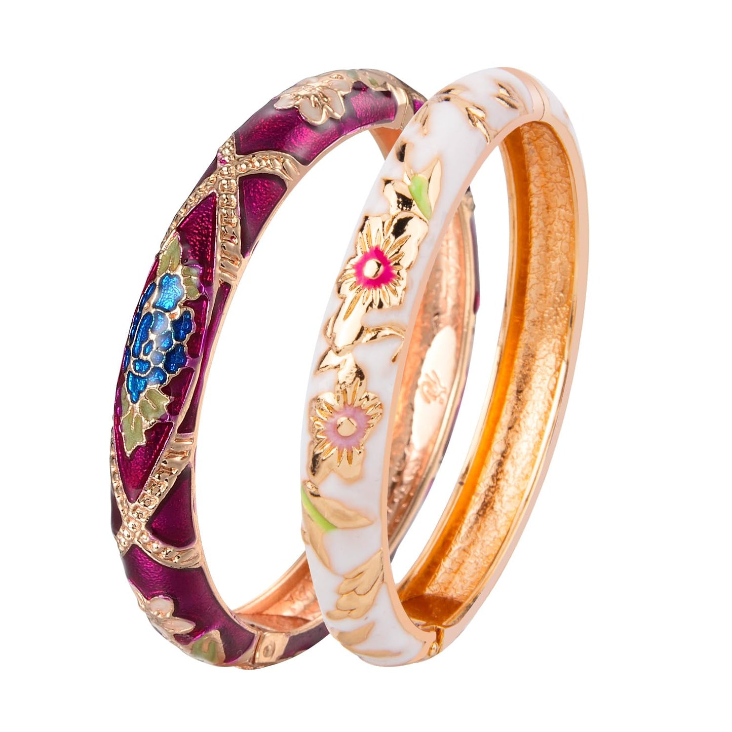 UJOY Bangles Bracelets Gorgeous Enameled Flower Cloisonne Plated Indian Jewelry Sets Box for Womens Gift 55A103-55A128 White Purple