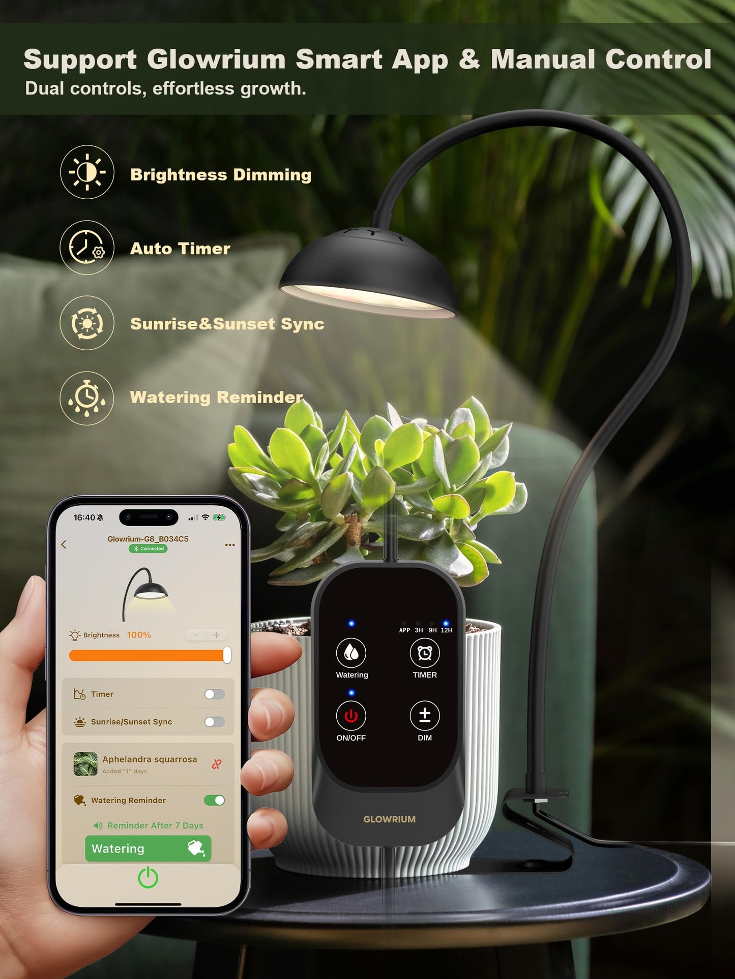 GLOWRIUM Smart Grow Lights for Indoor Plants,10W Full Spectrum Plant Lights with Bluetooth App Control, 360° Flexible Gooseneck Grow Lamp, Auto Timer 3/9/12Hrs, 10 Brightness for Small Plants, Black
