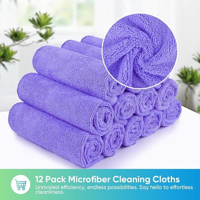 HOMEXCEL Purple Microfiber Cleaning Cloth, 12 Pack Premium Microfiber Towels for Cars, Lint Free, Scratch-Free, Highly Absorbent, Reusable Cleaning Rags for Car, Household, Kitchen, Window,11.5"X11.5"
