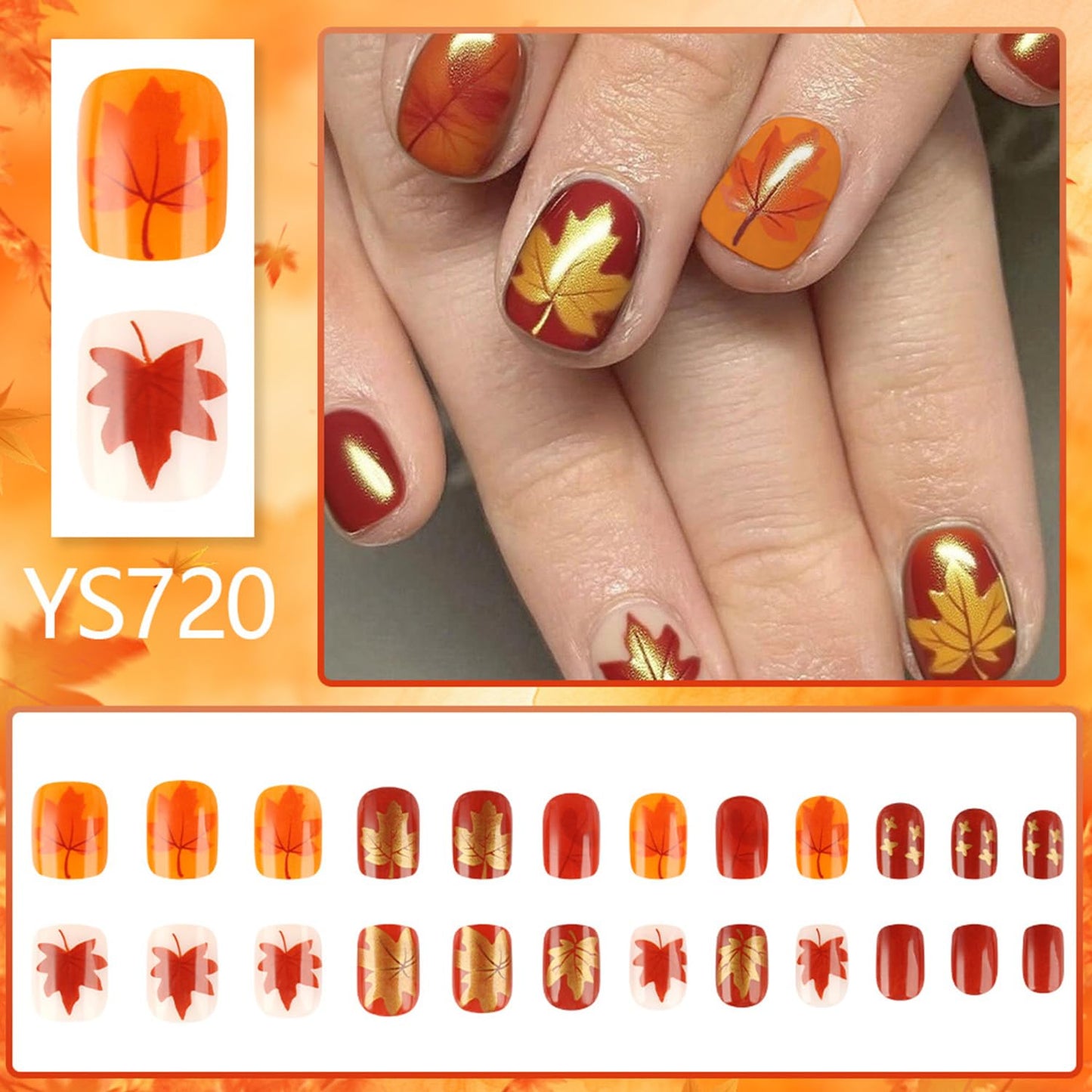 Thanksgiving Press on Nails Short Square Fall Maple Leaf False Nail Full Cover Glossy Acrylic Artificial Fingernails Red Maple Leaf Pattern Festival Stick on Nail Press Ons Glue on Nails for Women