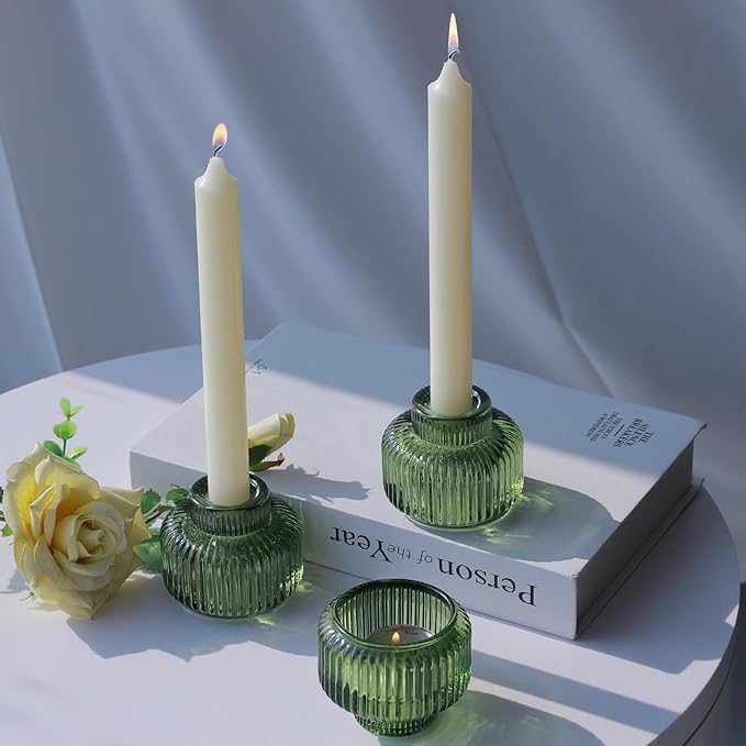Woho Candlestick Holders Set of 4 for Taper Candles/Tea Lights, Green Ribbed Candle Sticks Holder Decor for Table Centerpiece, Reversible Taper Candle Holders Glass for Christmas Home Decoration