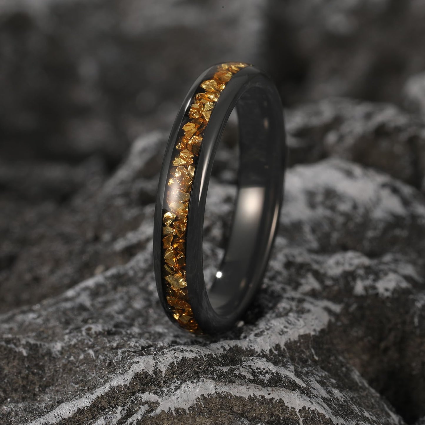 NUNCAD Women's Tungsten Rings 4mm Black Wedding Band Inlaid with Citrine Center Polished Domed Comfort Fit Size 9