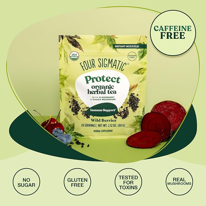 Four Sigmatic Protect Organic Herbal Tea | Immunity Tea w/Chaga & Adaptogens | Organic Chaga Tea w/Antioxidant-Rich Cherry, Elderberry & Blueberry | Vegan, Gluten-Free | Wild Berries, 24 Servings
