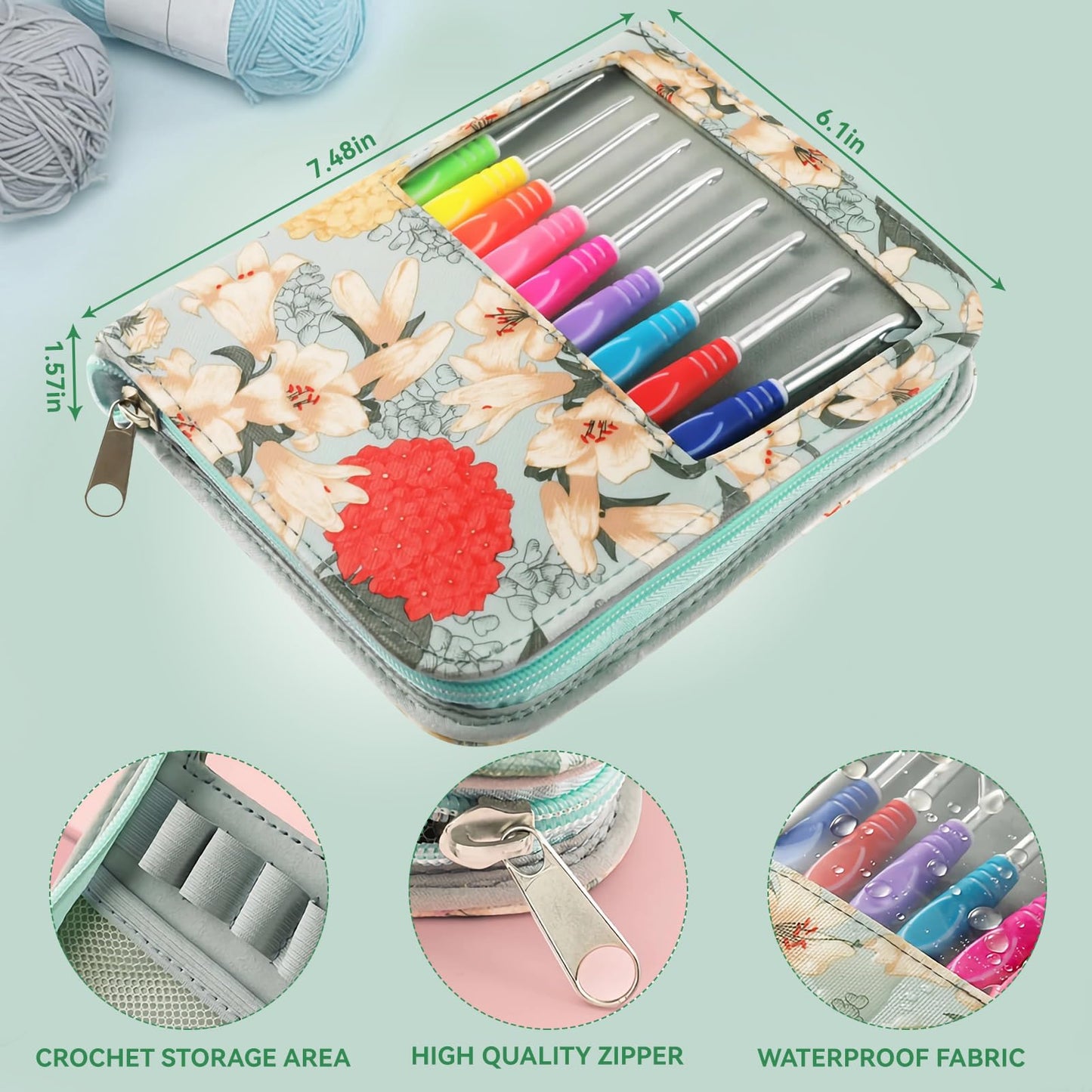 Dasonwin 60-Piece Ergonomic Crochet Hooks Set with Travel Case - Aluminum Crochet Needles Kit for Beginners & Experts, Arthritis-Friendly Design,Includes Stitch Markers & Accessories(Green)