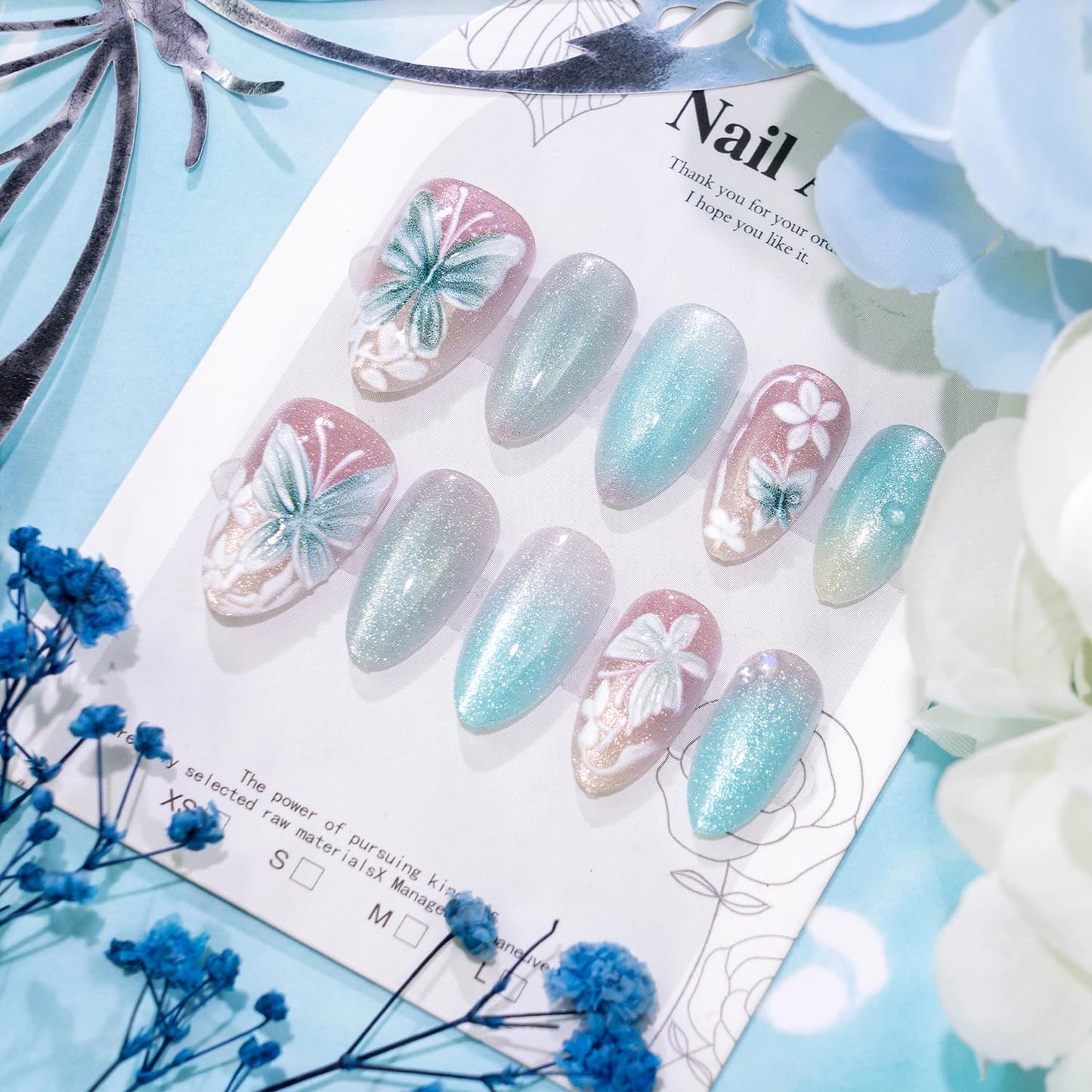 Glitter Press On Nails Medium Almond Fake Nails Press Ons With Butterfly Design Light Blue Acrylic Nails White Flower Pearl False Nails Glue On Nails For Women