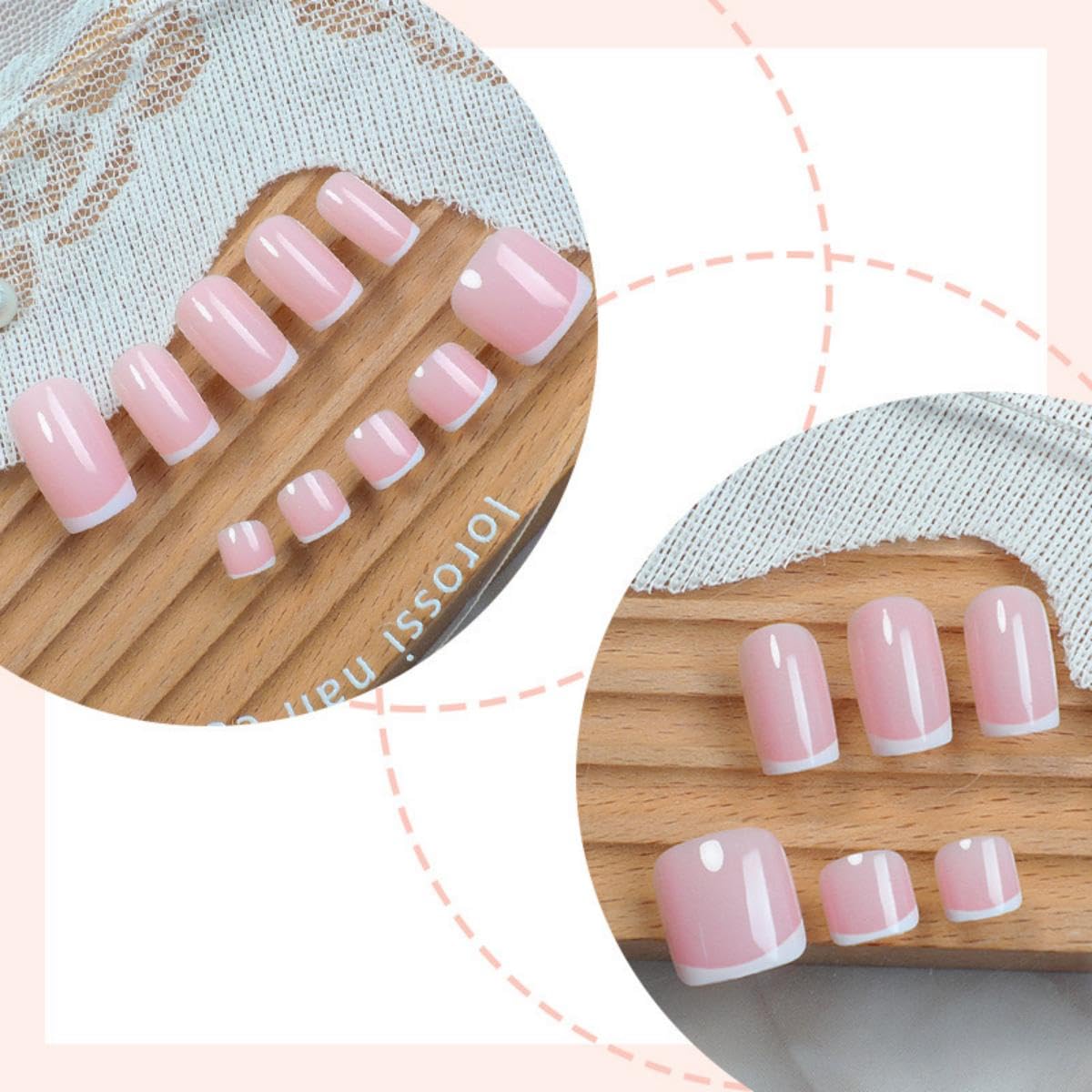 48Pcs White French Tip Press on Toenails Press on Nails Short Square Fake Nails with Design Pink Glue on Nails Nude False Nails Glossy Reusable Summer Nails Toenails for Women Manicure