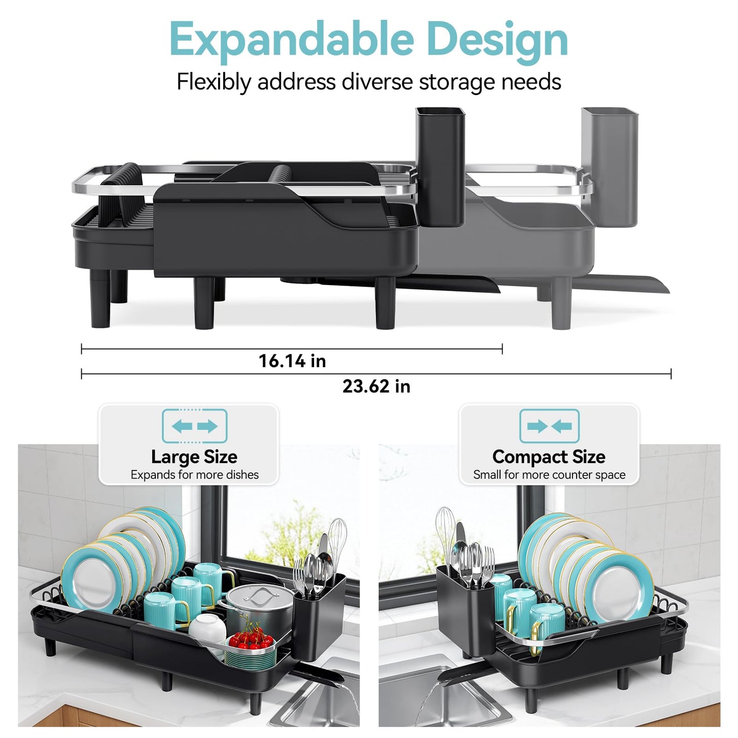 Urackify Expandable Dish Rack for Kitchen Counter,16.14"-23.62" Large Stainless Steel Dish Drying Rack with Adjustable Water Spout, Space Saving Dish Drainer with Auto Draining Cutlery Holder,Black