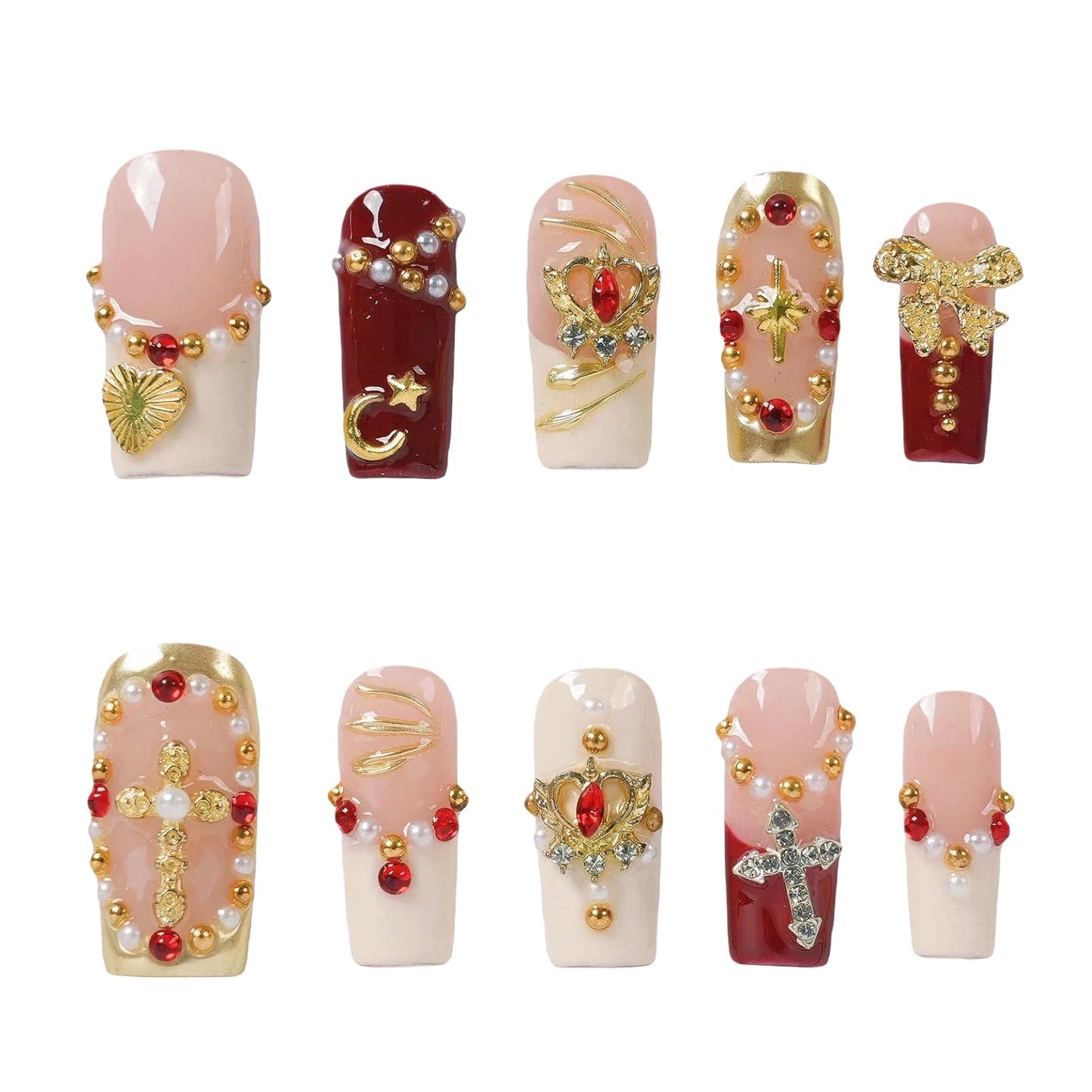 Tesytto Handmade Press on Nails Red Vintage Baroque, Medium Square Fake Nails with Gold Cross Crown Bow Pearl Rhinestone, Reusable Glue on Nails Royal Gothic Wedding Nails,10 Pcs (Red Gold Classic,M)