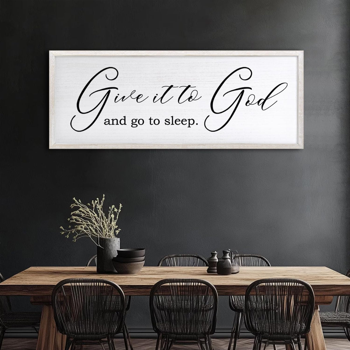 Give It To God And Go To Sleep Sign Wall Decor 40x15 Inch Large Farmhouse Master Bedroom Above Bed Hanging Wall Art Rustic Guest Room Wood Framed Over Bed Wall Decoration (White)