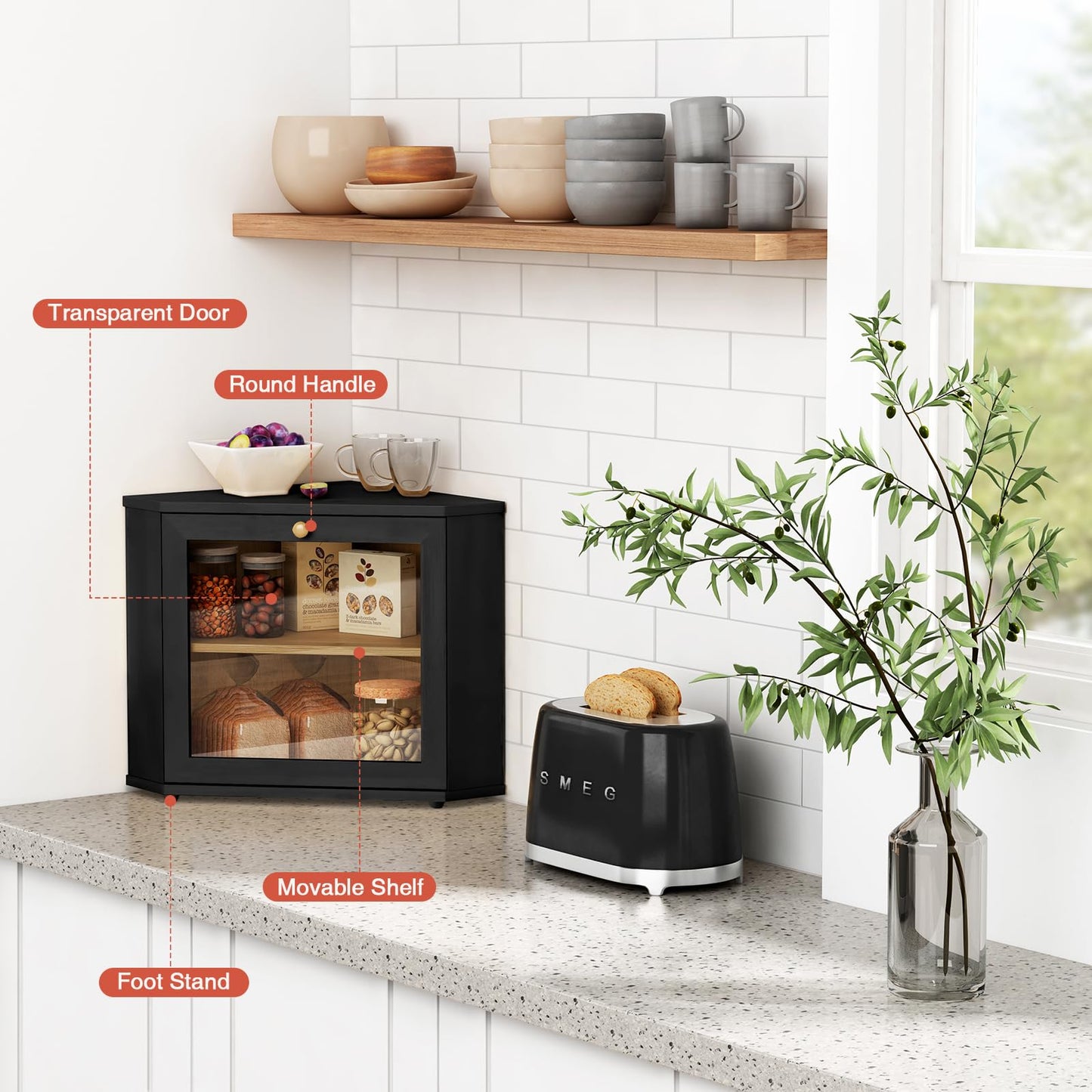 Goozii Corner Bread Box for Kitchen Countertop, Black Bread Storage Container for Homemade Bread, Two Layer Breadbox under Cabinet Mount, Large Bread Holder for Kitchen Counter, Pantry Shelf