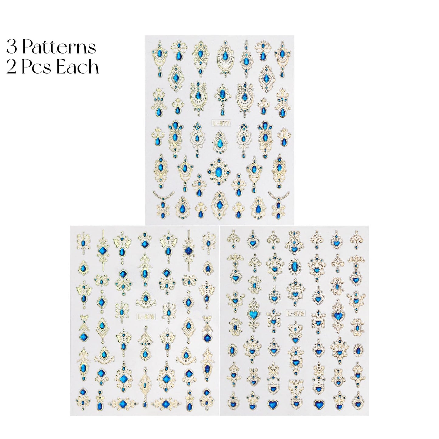 Gem Pattern Nail Art Stickers, 3D Embossed Retro Nail Decals, Self Adhesive Baroque Nails Decoration Supplies for Women Nails Design(Blue Gem-6 Sheets)