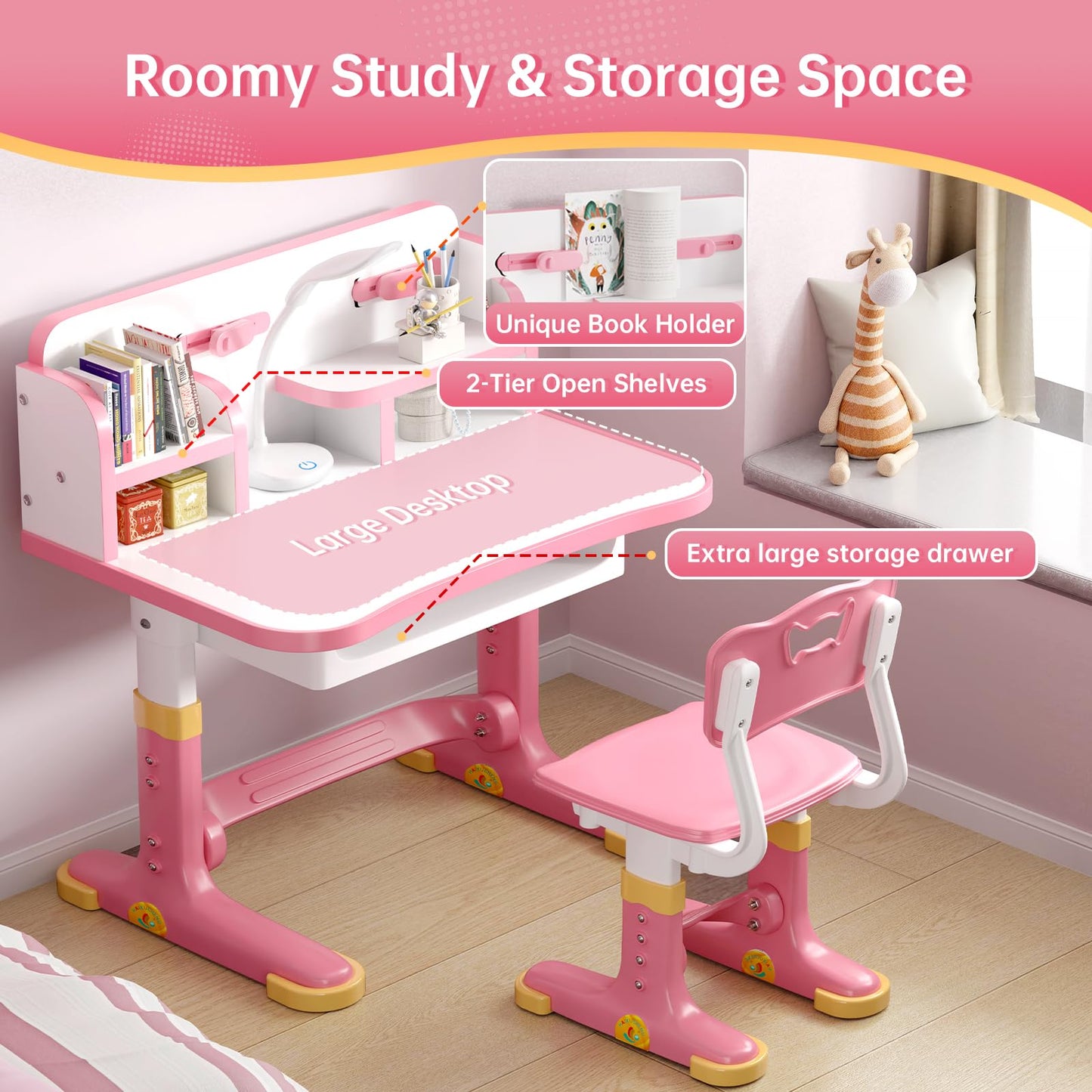Xaperexi Kids Desk and Chair Set, Height Adjustable Child's School Study Writing Tables, Kids Desk with Bookstand and Storage Drawer, Widened Desktop with Desktop for Boys and Girls