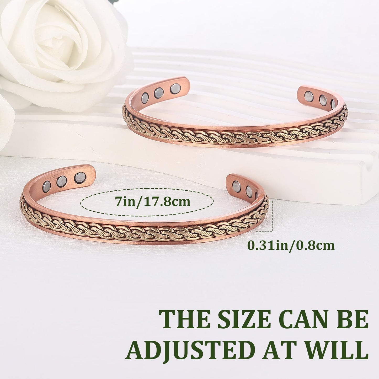 MagEnergy Handcrafted Copper Bracelets for Women, Magnetic Copper Cuff Bracelet with Twisted Wire, Adjustable Bangle & Healthy Jewelry Gift (Chain Weave Inlay)