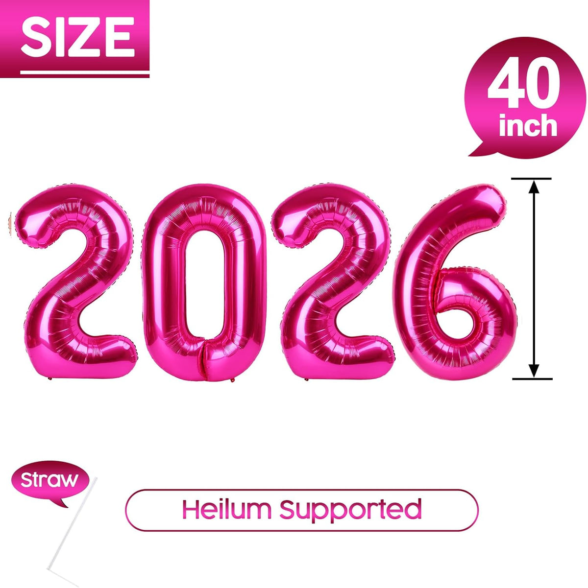 2026 Balloon - Hot Pink Birthday Number Balloons, 40 Inch Large Foil Balloons for Men Women Boys Girls Hot Pink Themed Birthday Decorations，Number 2026 Balloon