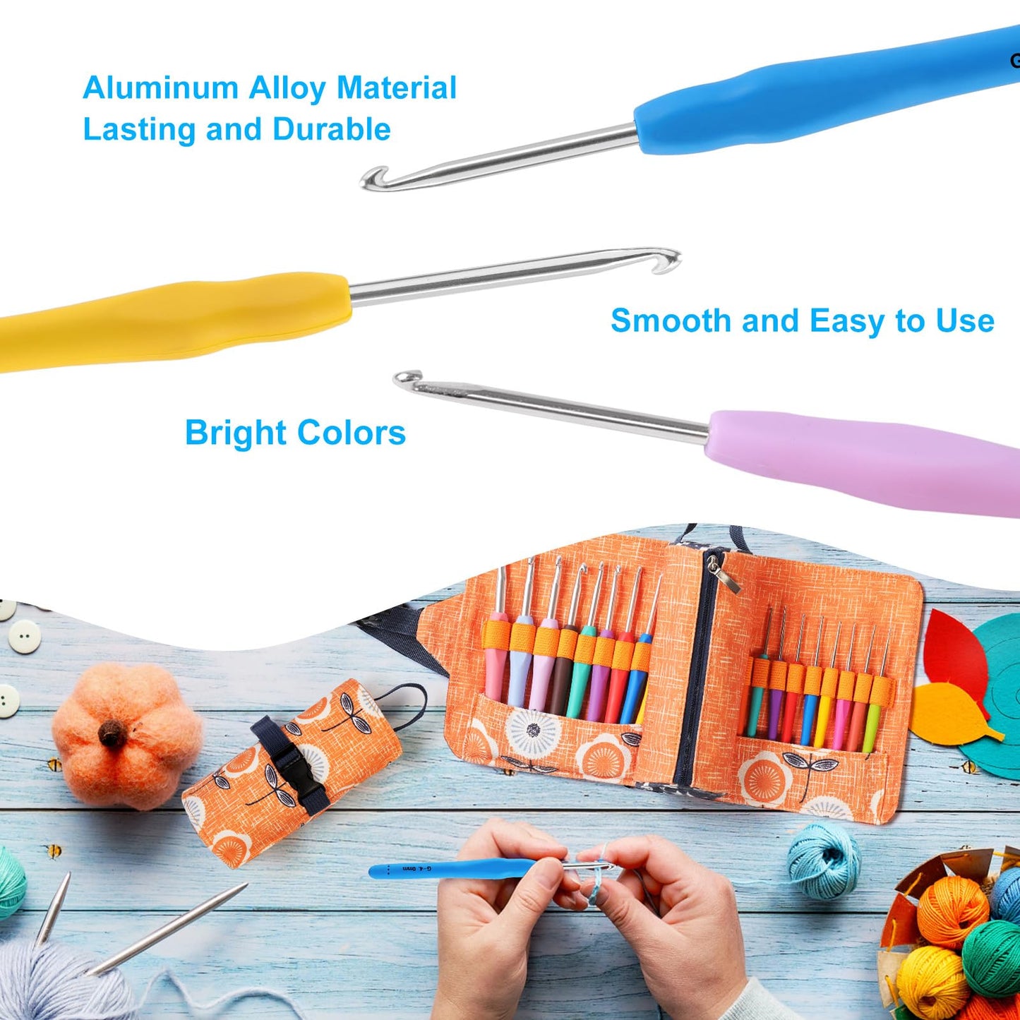 Vodiye 21 Sizes Ergonomic Crochet Hooks Set 0.5–10.0mm with Roll Bag, Soft Grip Crochet Needles for Crocheting Comfort