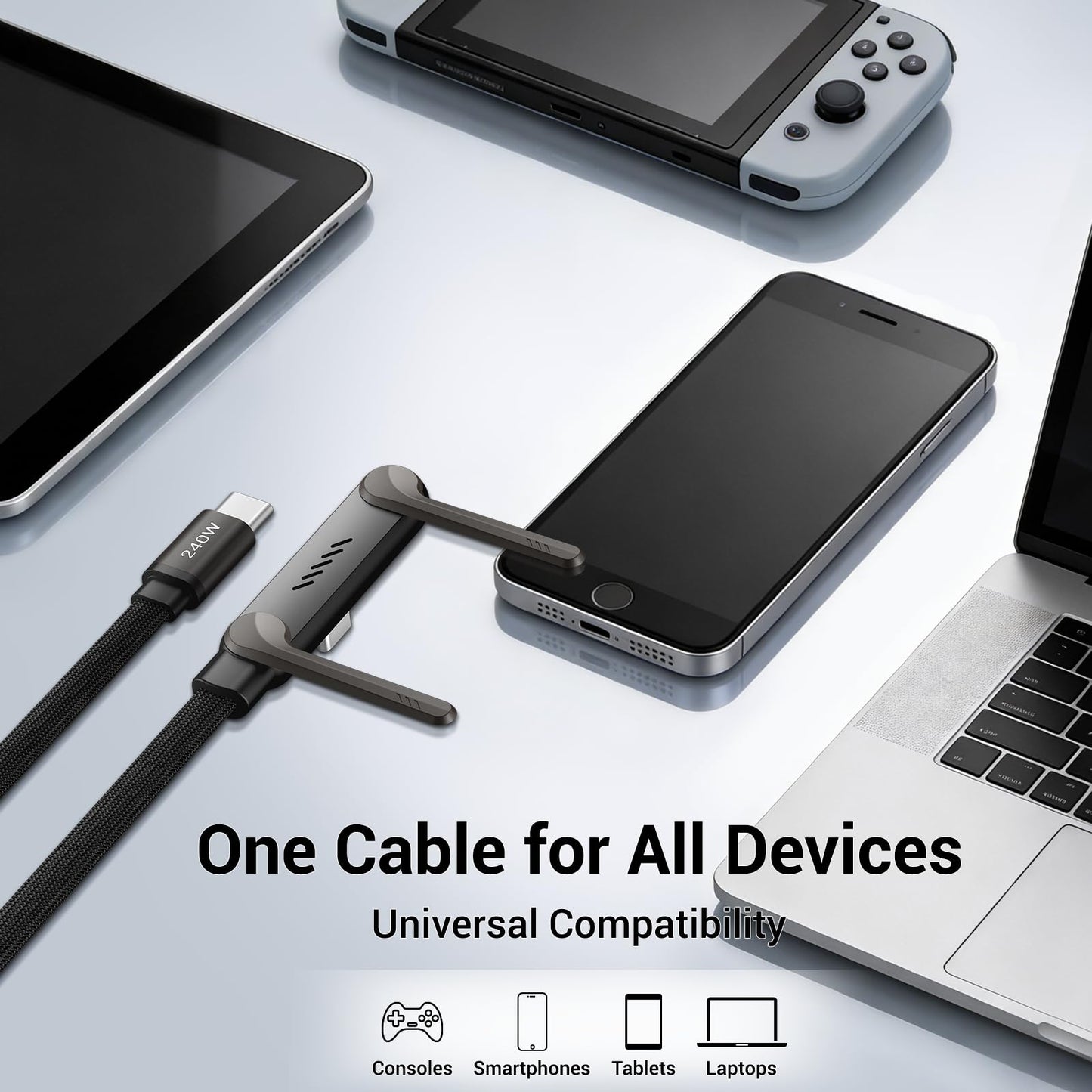 Konstreet 2-in-1 Invisible Stand Fast Charging Cable 240W Type-C Braided Fast Charging Cable Built-in Phone Stand 2 in 1 Phone Holder Cable for Suitable for Gaming Office and Travel Black