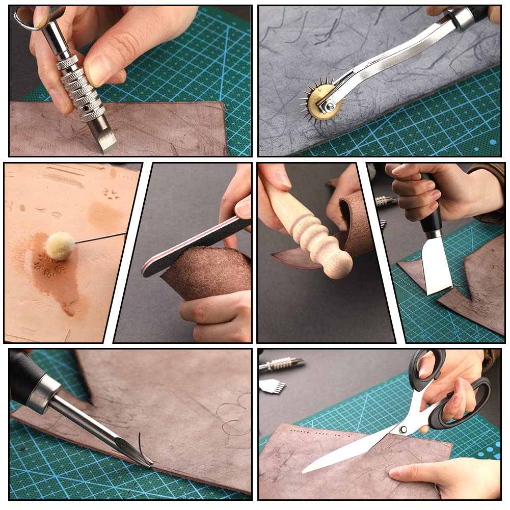 TLKKUE Leather Working Tools Leather Craft Tools for Carving Stamping Sewing Punching Cutting with Custom Storage Bag Professional Tooling Kit for Crafting, Repair & DIY Projects