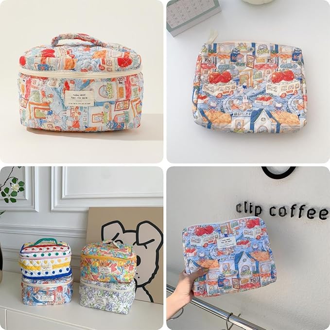 Makeup Bag Travel Essentials Quilted Cosmetic Toiletry Pouch Organizer Insert for Women Dorm Room Essential Gift Large Capacity Opening Lightweight Cute Aesthetic Portable 2PCS (Rabbit)