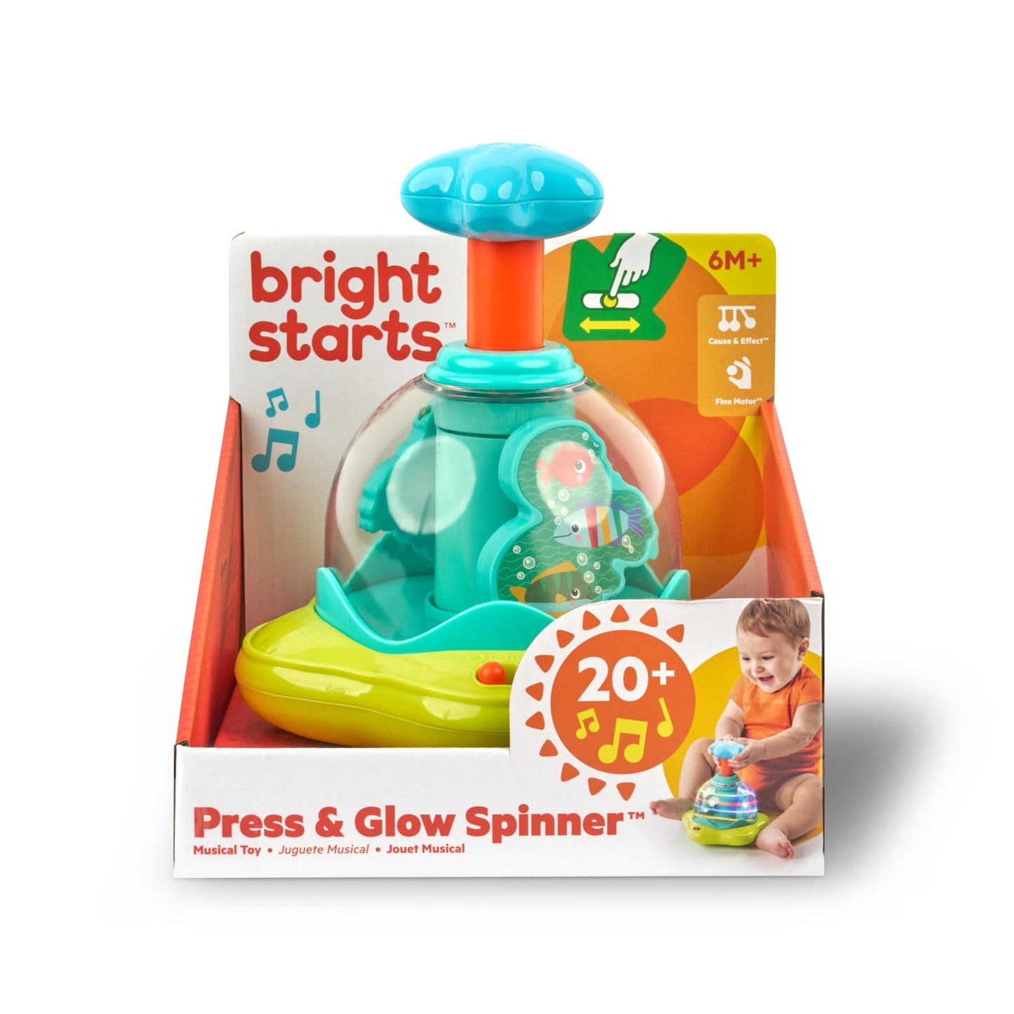 Bright Starts Press & Glow Spinner Cause and Effect Musical Baby Toy, Age 6 Months+