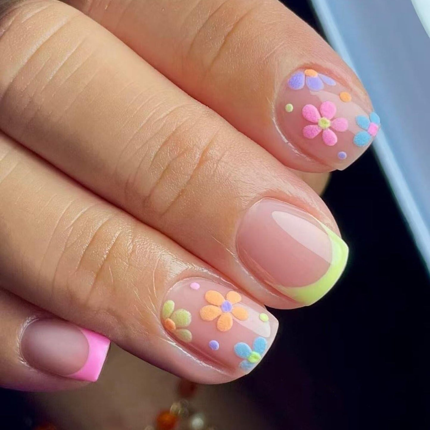Floral Short Square Press on Nails Soft Nude Base Neon Yellow French Tips Pastel Floral Accents Glossy Finish Reusable Spring Nails Easy Apply Party Wear Durable Trendy Women Girls Nail Art 24 Pcs