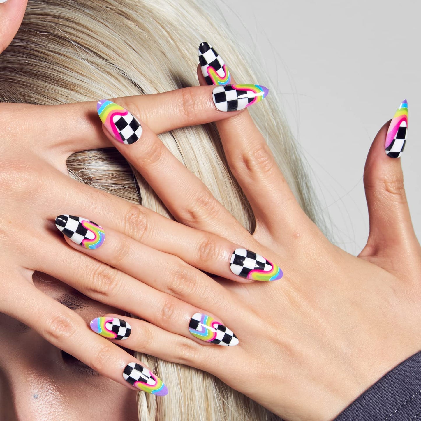 GLAMERMAID Rainbow Press on Nails Medium Almond, Y2K Rainbow Crush Gel Glue on Nail with Checkerboard Color, Glossy Short Stiletto Reusable Fake Nails, Acrylic False Nails Manicure Kit for Women