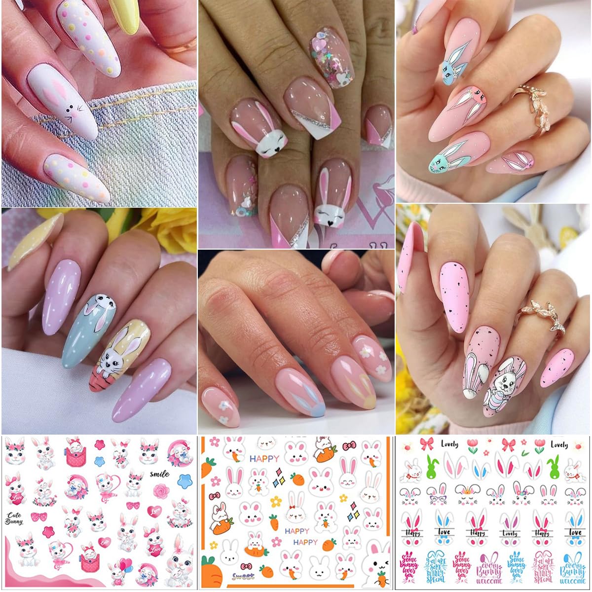 8 Sheets Easter Rabbit Nail Art Stickers Decals,3D Self-Adhesive Nail Art Accessories Cartoons, Rabbits, Animals, Hearts, Flowers,Designs Sticker Lovely Retro Rabbit Manicure DIY Nail Decorations