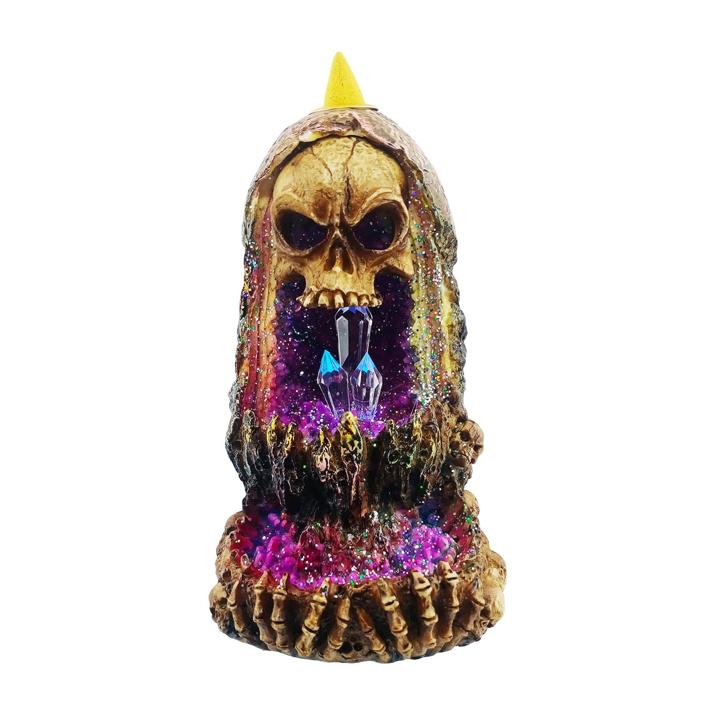 Fantasy Gifts Geode Skull Backflow Burner with LED – 6.5 Inch Crystal Waterfall Décor Accent | Mystical Skull Tabletop Decoration for Meditation, Gothic & Fantasy Home Décor