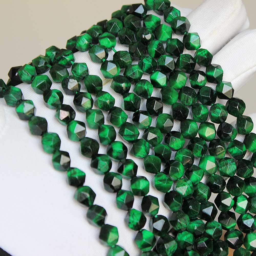 MJDCB Best Sellers Natural Stone Beads Faceted Polygon Green Tiger Eye Crystal Energy Stone Healing Power for Jewelry Making(8mm)