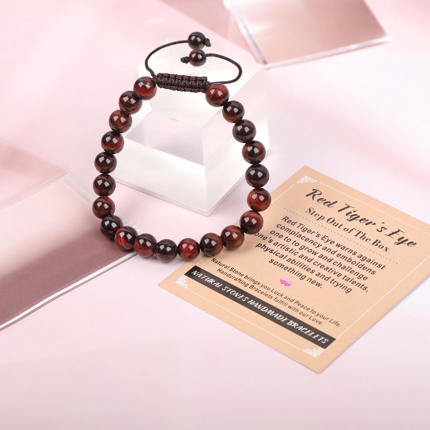 AD Beads 8mm Red Tiger's Eye - Challenge oneself - Handmade Natural Stone Crystal Bracelet with Adjustable Macrame String - Yoga Healing Power Energy Gifts for Men and Women
